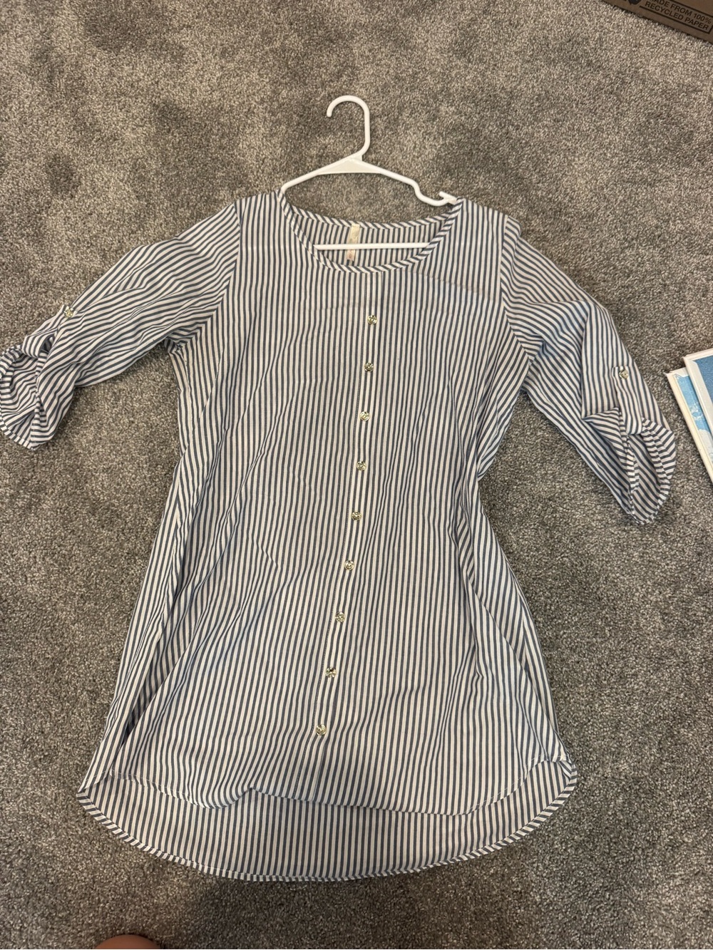 Free People Blue and White Striped Button-Front Long Sleeve Dress